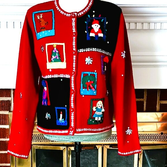 Vtg Red Christmas Cardigan Sweater M Patchwork Embroidered Sequin Holiday Theme - Picture 1 of 10